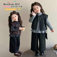 女童皮马甲三件套春秋款2025新款儿童韩版时尚小女孩洋气套装秋装