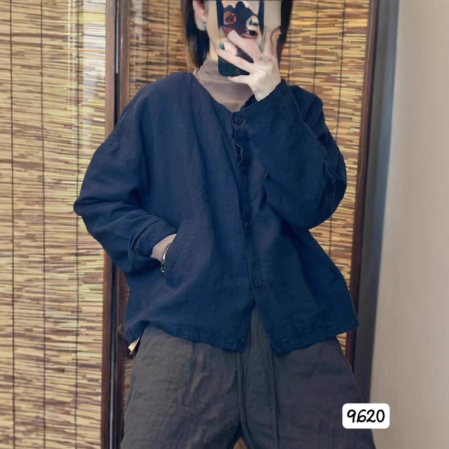 秋装新品女装韩版宽松复古麻加里布圆领单排扣休闲外套百搭上衣