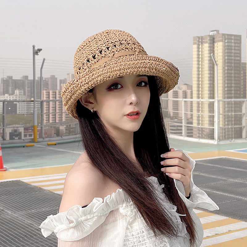 Summer turned-over handmade crocheted straw hat travel sunscreen sunshade hat children's face small face fisherman hat all-match tide