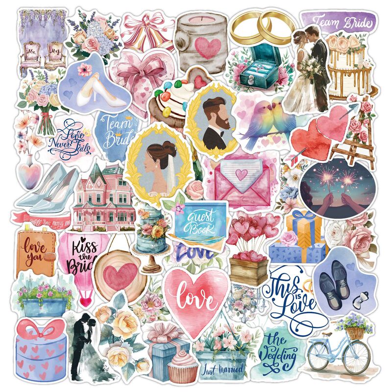 Cross Border Wedding Stickers 50 Wedding Stickers Watercolor Style DIY Happy Wedding Party Stickers New Product