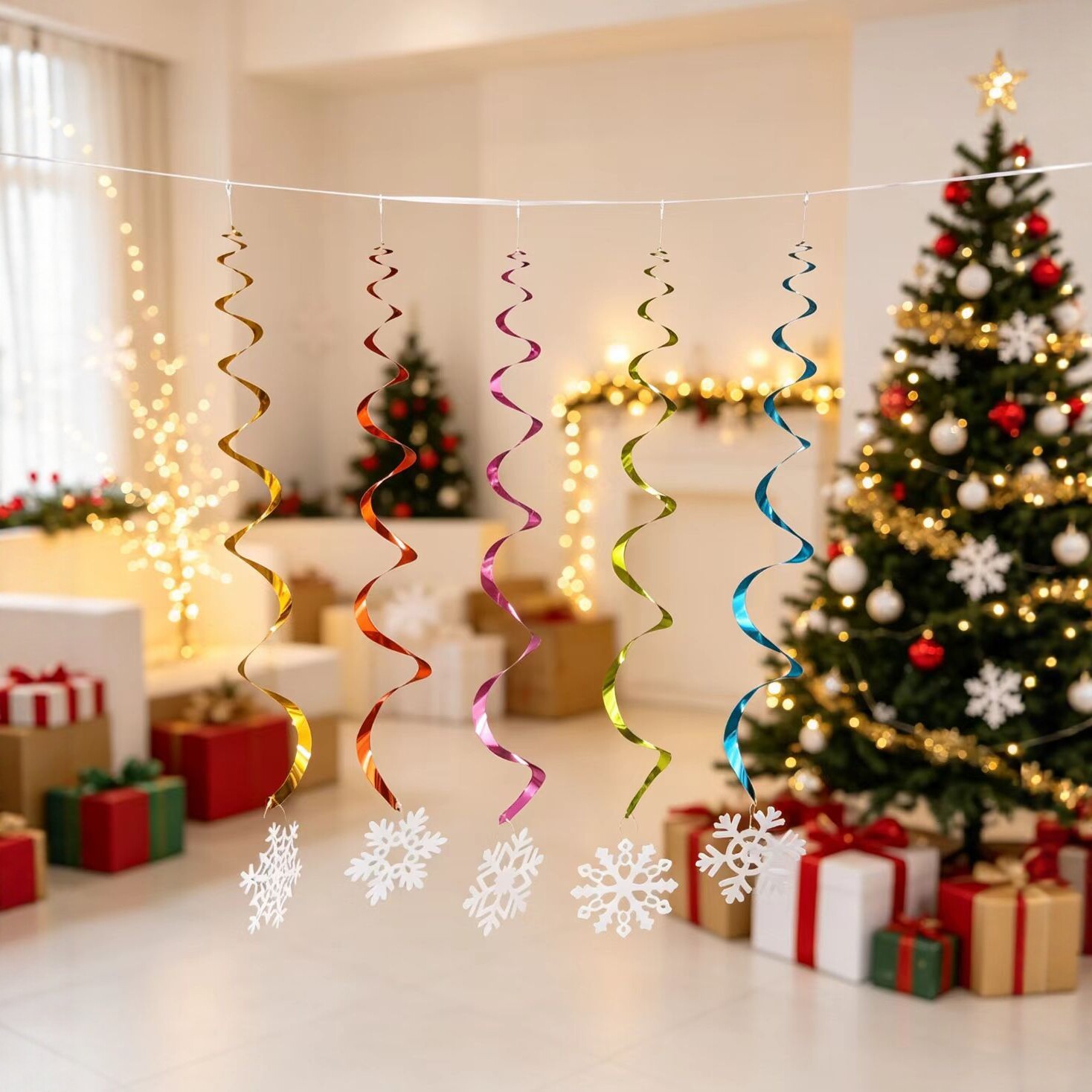 Christmas ribbon hangings, snowflake pendants, party decorations, scene arrangements, garlands, holiday decoration props