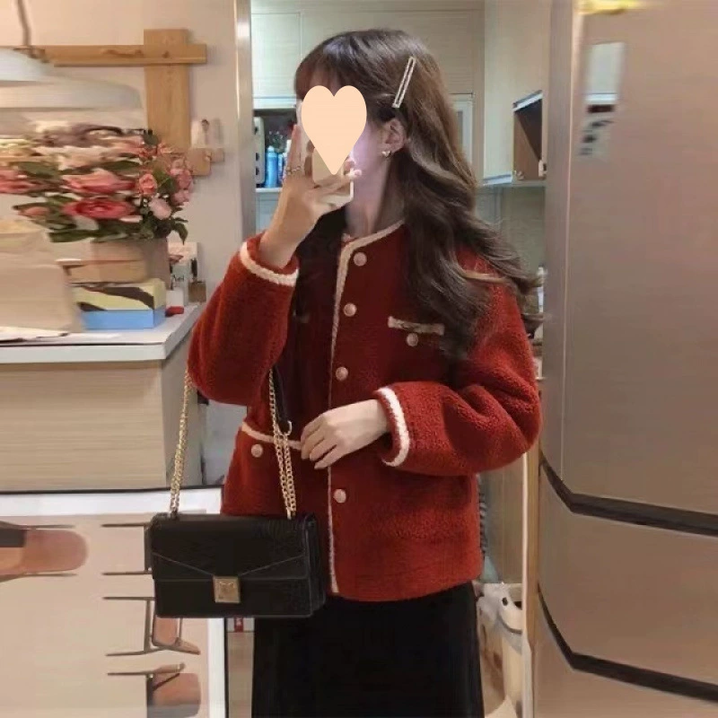 Красный демисезонный тёплый маленький короткий пиджак, стиль Chanel, французский стиль, для подростков