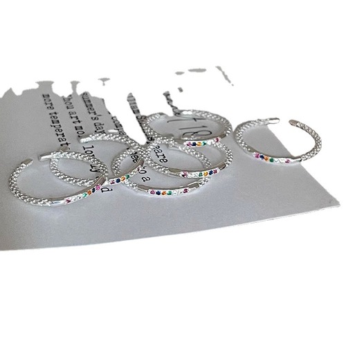 细圈叠戴彩色锆石戒指女个性气质简约冷淡风S925银开口指环食指戒