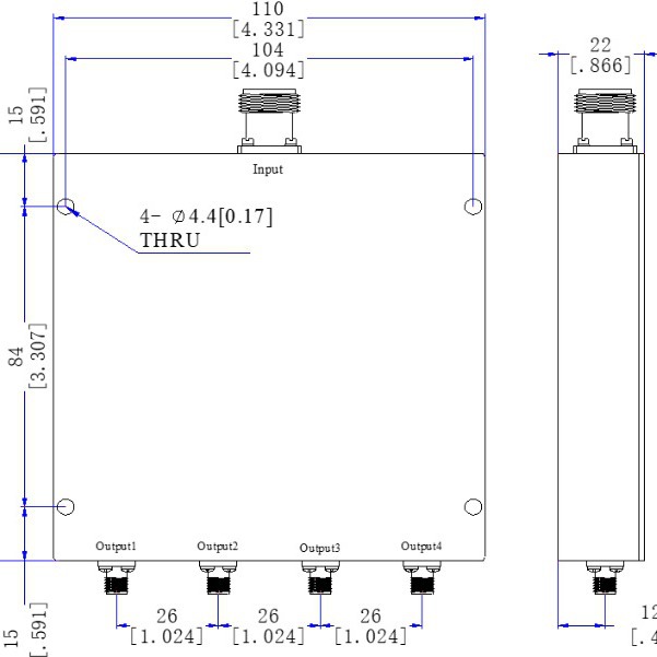 1-2.5GN/SMA头1000-2500M射频一分四功分器大功率100W分配合路器