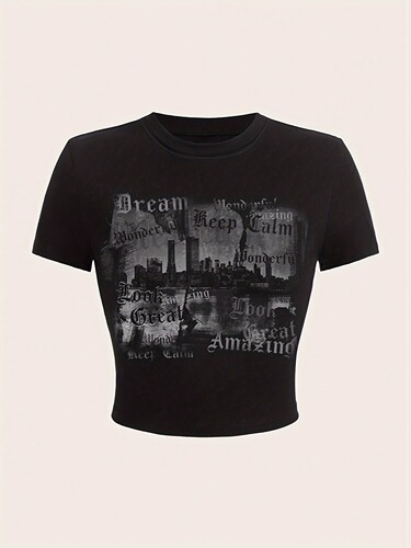 【In Stock】Cross-border Y2K Short-sleeve Sexy Fit T-shirt, available for stock and dropshipping, black printed shag carpet