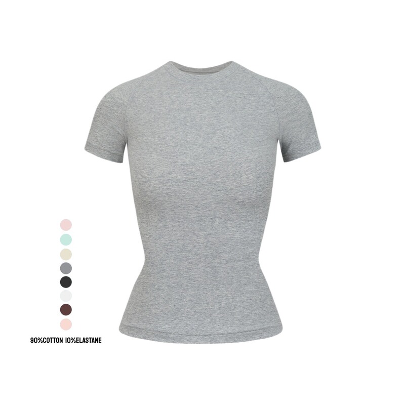 Cotton Jersey Skim* Same Style Kardashian Short-Sleeved T-Shirt for Women, Elastic Top, Round Neck, Slim-Fitting Base Shirt