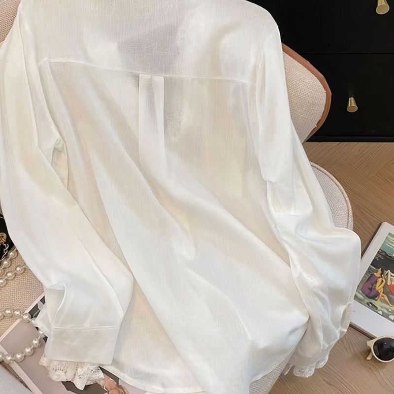 春夏新款简约风新品感白色假两件蕾丝拼接长袖宽松衬衫上衣女2025|undefined
