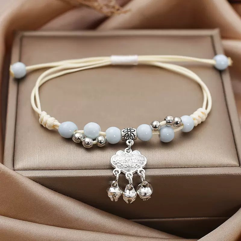 长命百岁平安锁手绳编制摆摊款  文艺小清新新款铃铛手链学生礼物