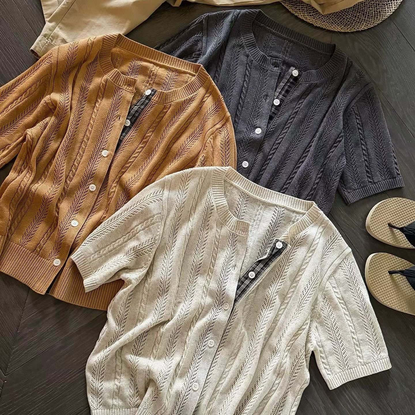 Old money linen!Nouveau riche old money style!Japanese linen edged short-sleeved knitted cardigan women's t-shirt thin top 3