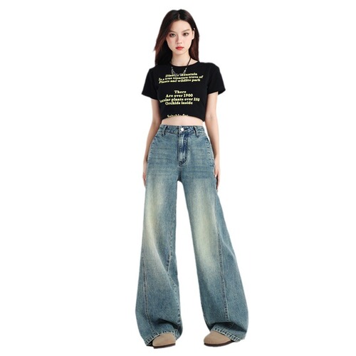 Amazon AliExpress Mary 2024 American Retro Curved Knife Design Embroidered Denim Jeans for Women Loose Wide Leg
