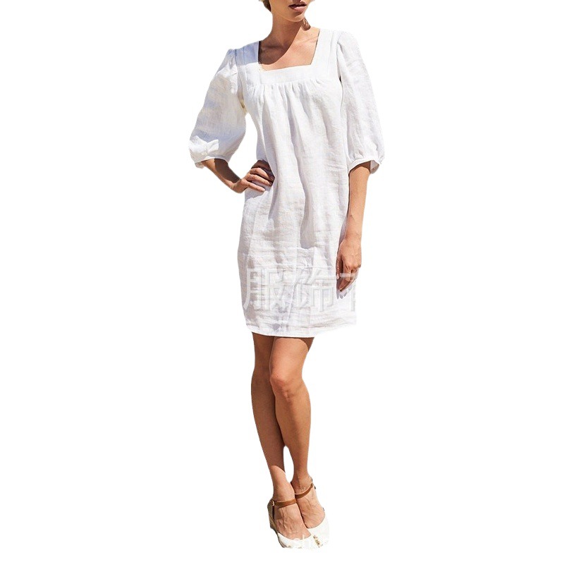 2023 summer a large number of spot European and American new French square collar cotton and linen dress half sleeve bubble sleeve casual wide