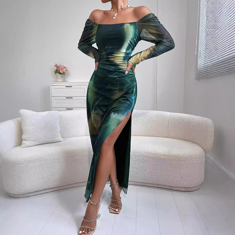 Transfronterizo Amazon explosión de moda europea y americana vestido de fiesta apertado vestido de mujer sexy vestido de hombro bifurcado