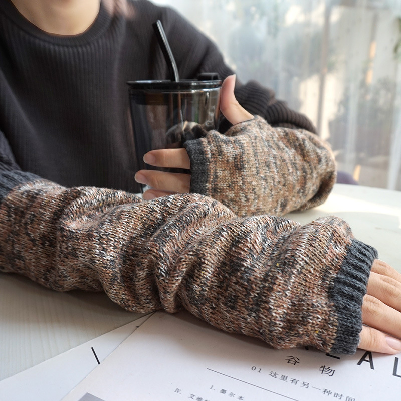 Men's and Women's Knitted Half-Length Gloves with Feather Pattern, Woolen Autumn and Winter Warm Sleeve Covers, Fake Sleeves
