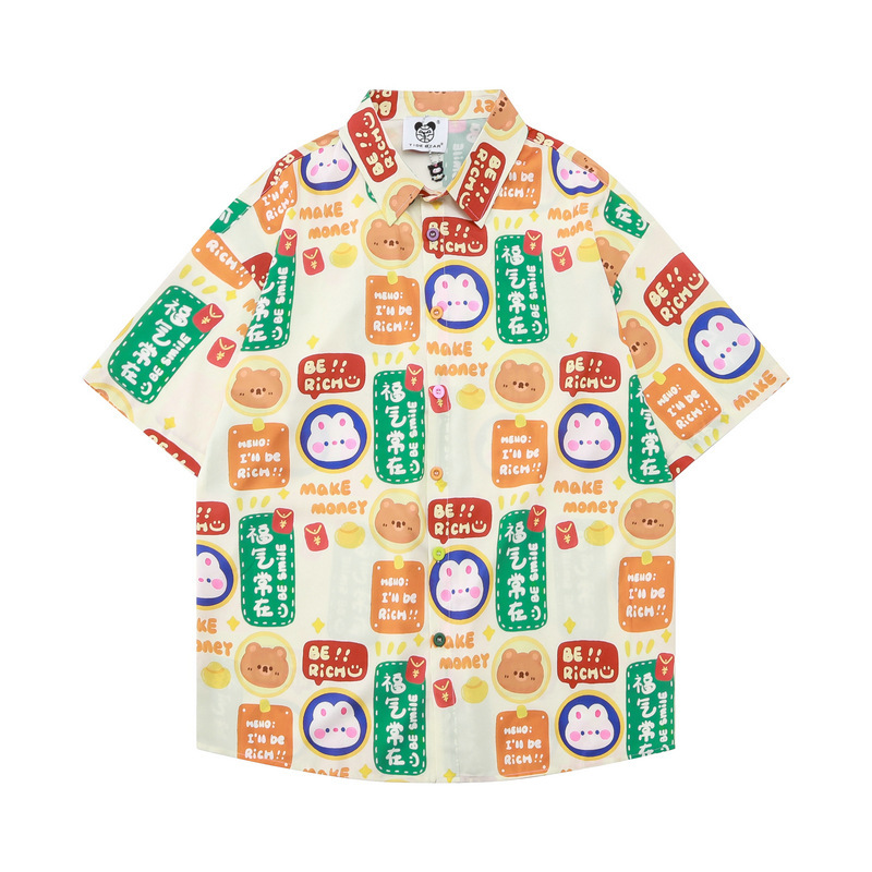 Chao Shen's New Year Special Cartoon Red Envelope Printed Casual Girl Short-sleeved Cute Bear Loose Fun Shirt