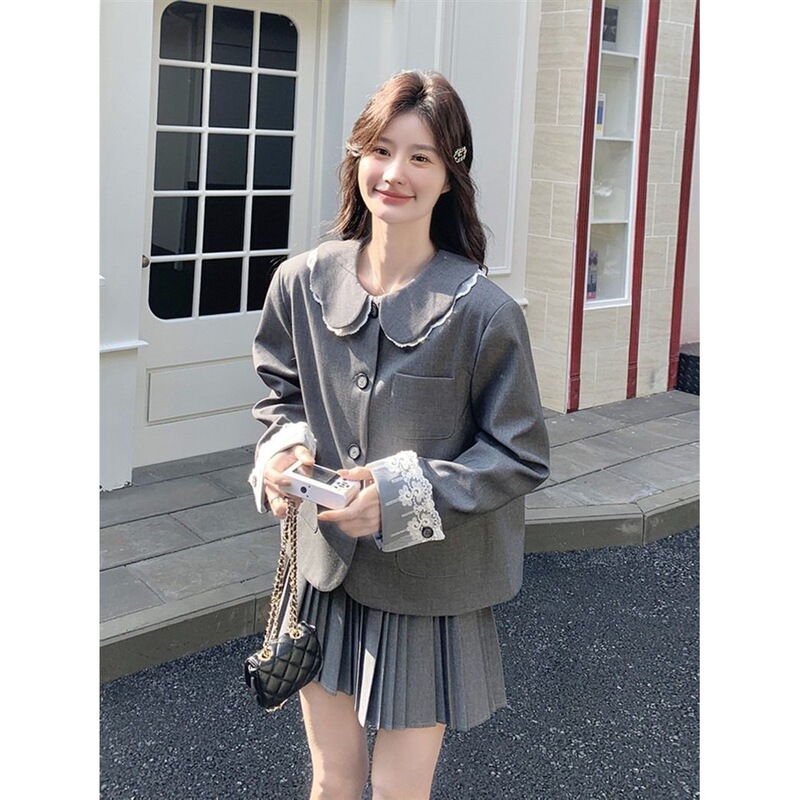千金风显瘦娃娃领西装两件套女春2025秋季一整套穿搭百褶短裙套装|undefined
