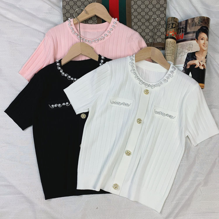 Summer short silk solid knitted sweater with a round collar