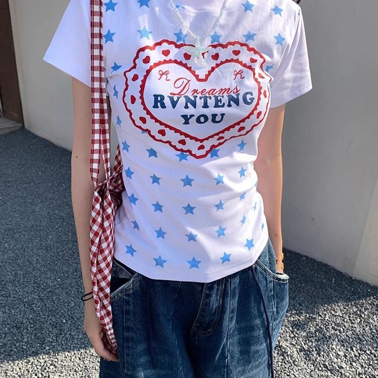 40-Count Imitation Cotton American Sexy Heart Star Full-Print Short-Sleeved T-Shirt for Women Slim Waist Letter Print Top for Women