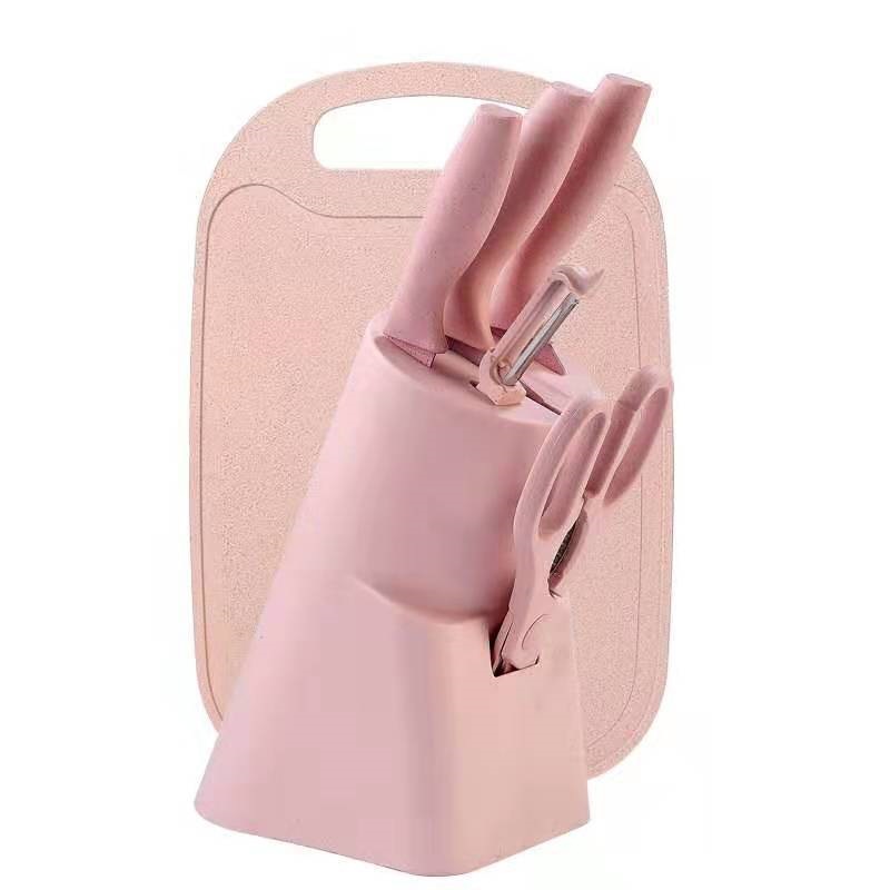 Fabricante de paja de trigo de color con cuchillo base 6 piezas de cuchillo de acero inoxidable cuchillo de cocina doméstico conjunto de regalo
