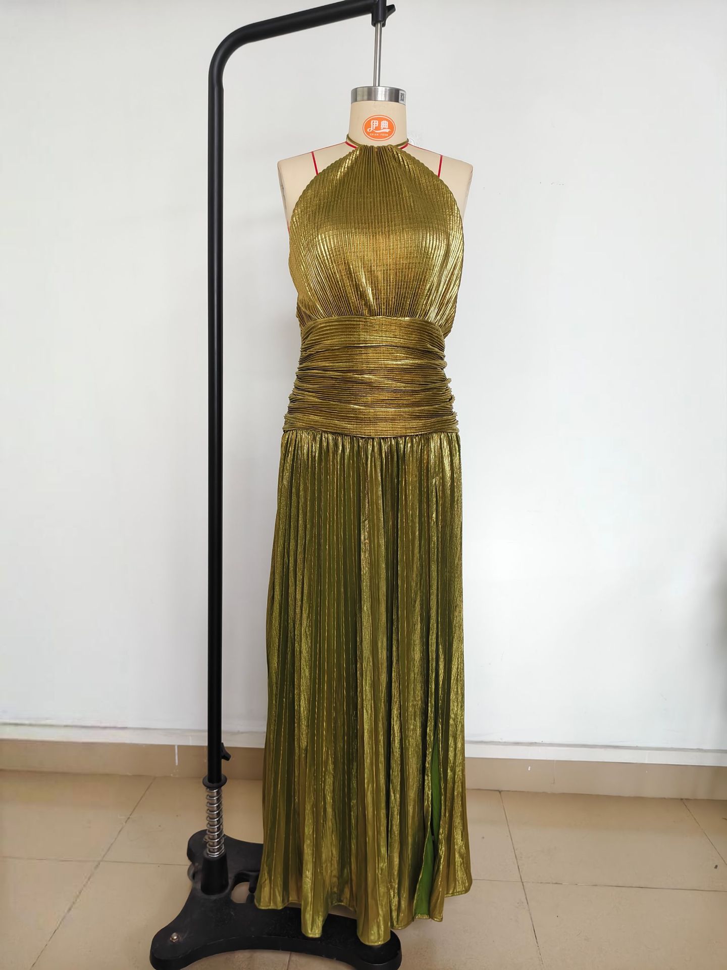 ​​"Women's Metallic Pleated Sleeveless Dress - Backless Tie Neck High Slit Party Dress, Golden/Pinkish/Ancient Gold/Dark Blue/Lake Blue, XS-XXL"​​_ecoleips.com
