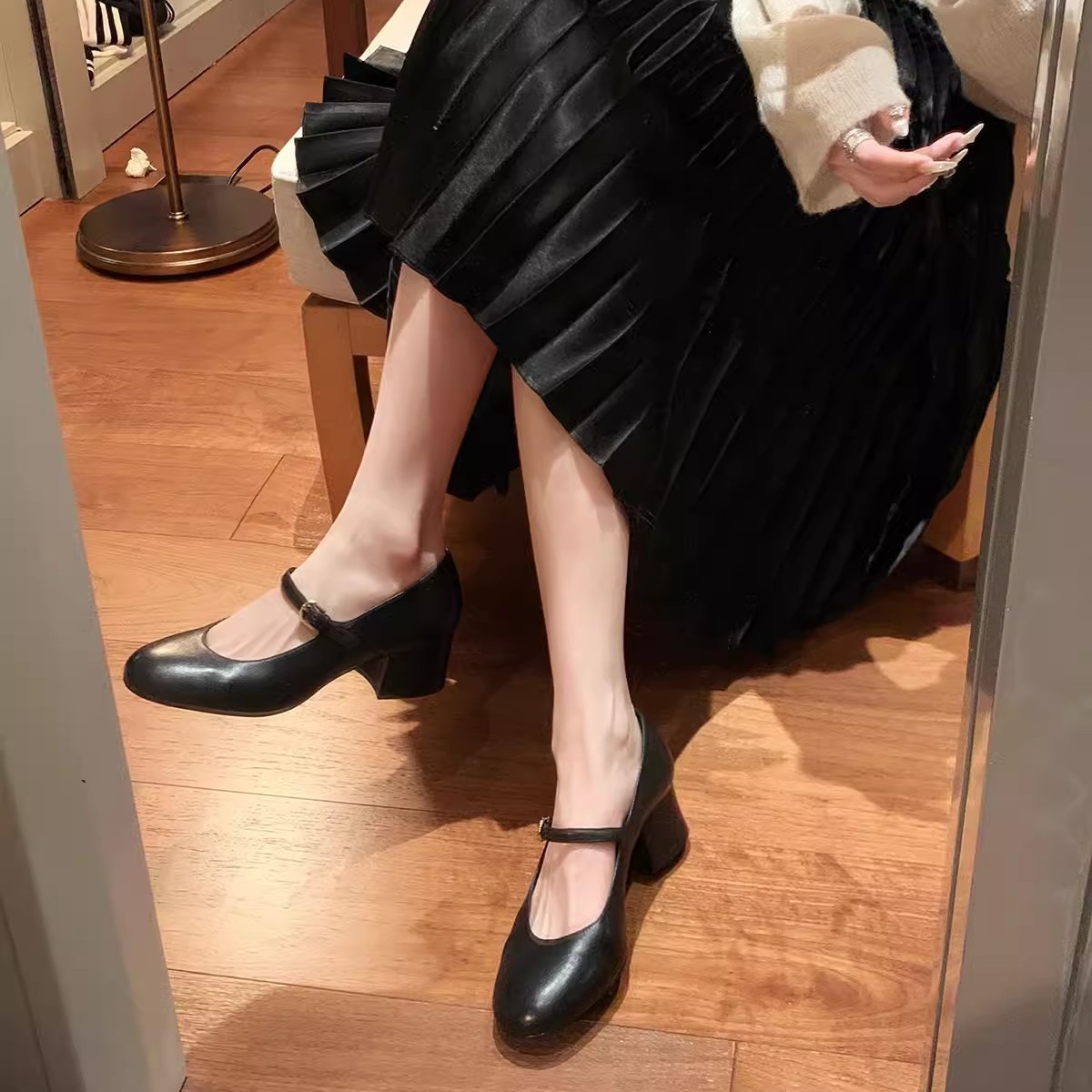 Versión de piel de oveja ~ Grape Madre con cuero auténtico con zapatos de tacones altos para viajar, delgados, zapatos de tacones gruesos, zapatos de solteros de mujer