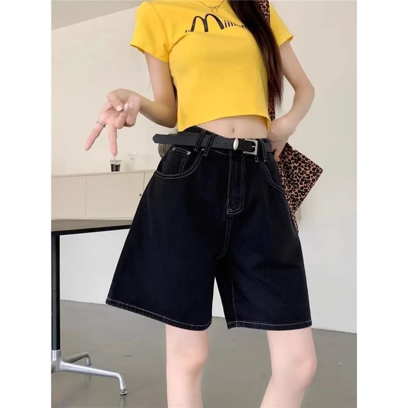Black High-Waisted Straight-Leg Denim Shorts for Women, Summer Style, Loose Fit, Slimming, Versatile, Casual A-Line Wide-Leg Mid-Length Shorts Black High-Waisted Straight-Leg Denim Shorts for Women, Summer Style, Loose Fit, Slimming, Versatile, Casual A-Line Wide-Leg Mid-Length Shorts