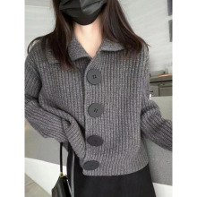针织开衫女秋装2025年新款长袖宽松韩版时尚大扣翻领短款毛衣外套