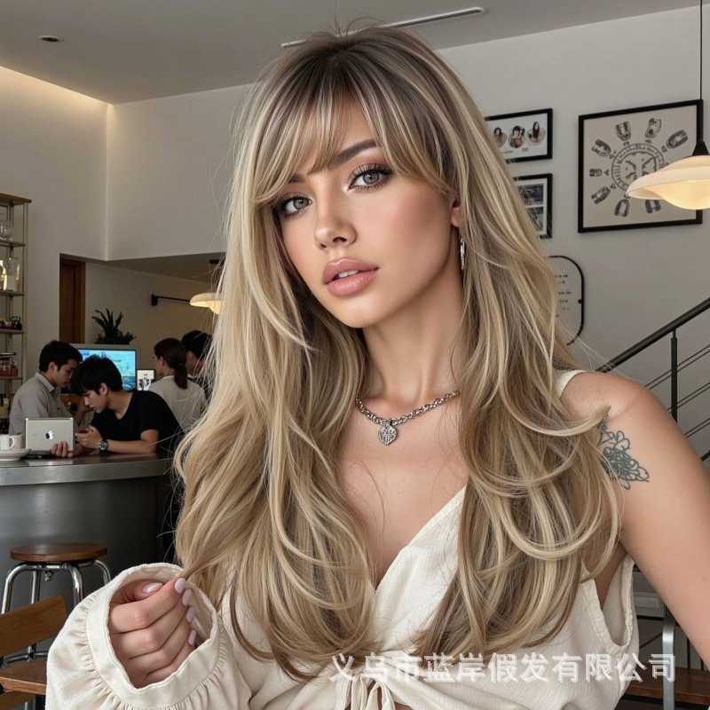 Peruca europea y americana para mujeres simulación natural de ocho caracteres rizos de cabello largo sensación de atmósfera perezosa toda la cubierta de pelo