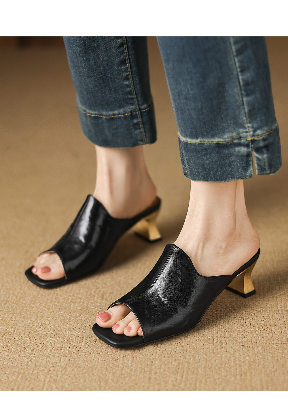 Sandal cao gót nữ hở mũi quai ngang da cừu gót 5 cm — đen chi tiết 6