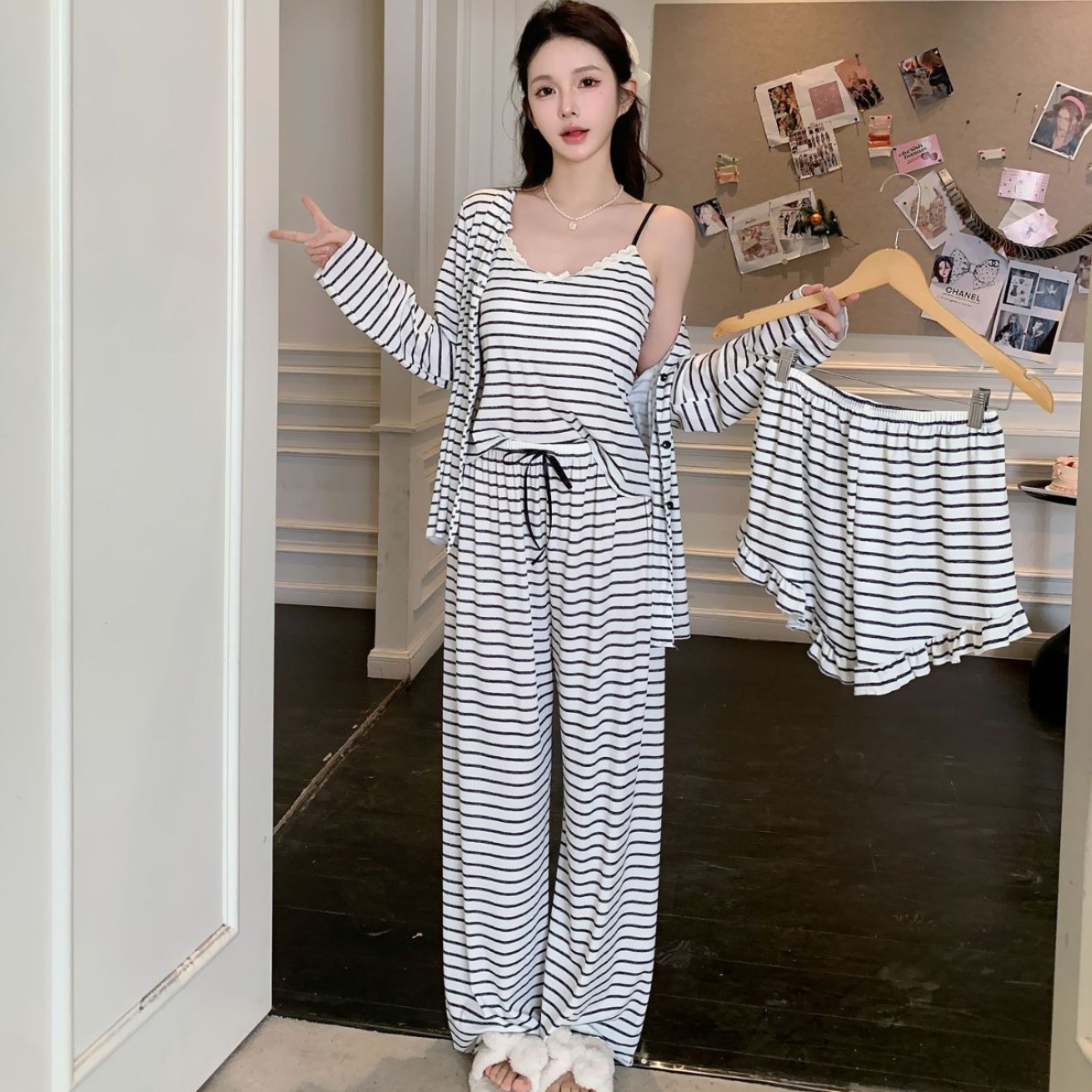2025 새로운 스트라이프 코트 멜빵 바지 홈 의류 4 피스 간단한 피부 친화적 인 긴 소매 잠옷 세트 아이스 실크