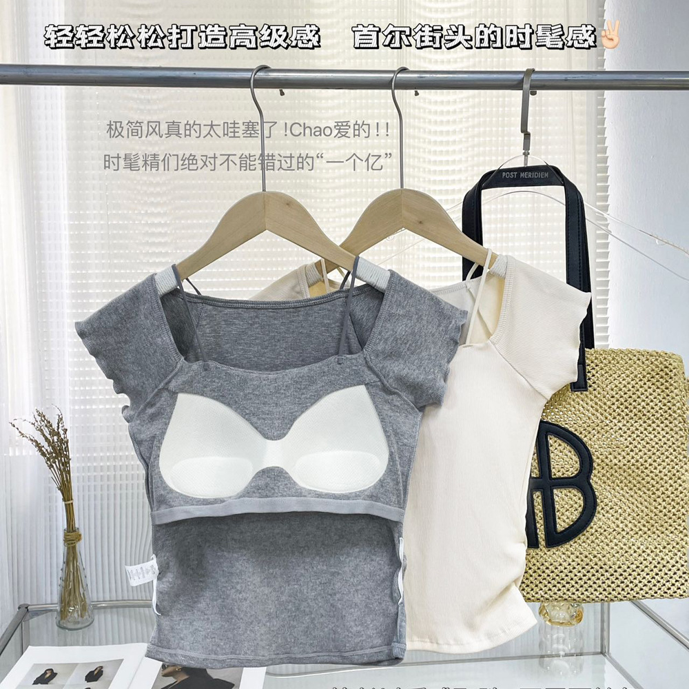 가을 새로운 스타일 스레드 면 브러시 광장 타이 가슴 패드 무료 브래지어 슬리밍 간단한 작은 비행 소매 여성을위한 반팔 겉옷