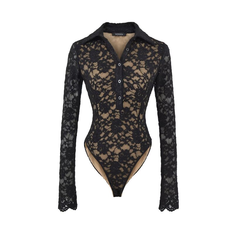 Double-Layered Embossed Shirt Collar Long-Sleeve Bodysuit for Women, Spring and Autumn Tight-Fitting Sexy Lace Base Layer with Built-In Jumpsuit Top Double-Layered Embossed Shirt Collar Long-Sleeve Bodysuit for Women, Spring and Autumn Tight-Fitting Sexy Lace Base Layer with Built-In Jumpsuit Top