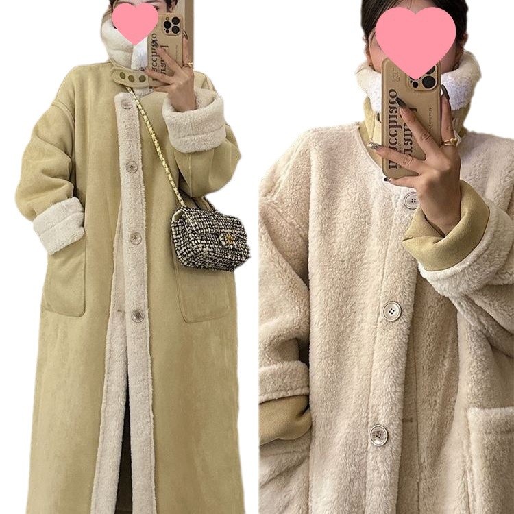 가을과 겨울 두꺼운 여성의 긴 양면 양복 양복 스웨이드 자전거 모피 원피스 가짜 모피 코트 코트