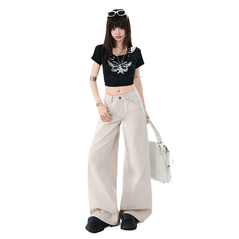 2026 Spring New Style Casual Washed Pearl Canvas Fabric American-Style Low-Waist Slimming Loose Wide-Leg Casual Jeans