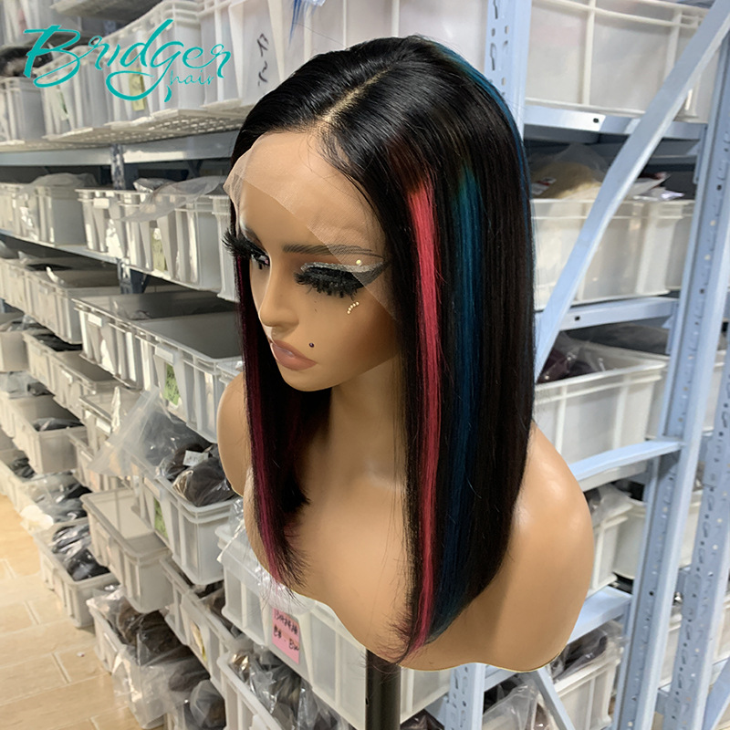 Factory Highlight Blue Rose Red 13*4 pizzo frontale BOB parrucca di capelli veri parrucca di capelli umani_voghion.com