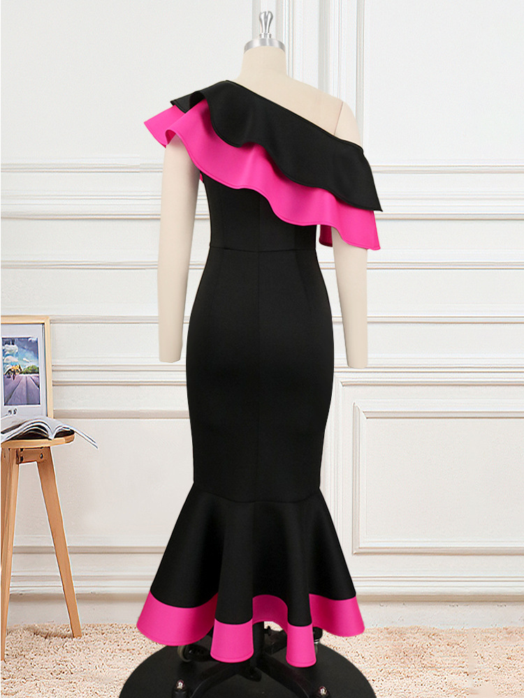 Plus Size Women's Dress One Shoulder Backless Ruffle Fishtail Dress_voghion.com