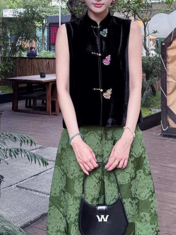 醋酸丝绒手工钉珠葫芦马甲无袖丝绒质感高级精致上衣黑色显瘦气质|undefined