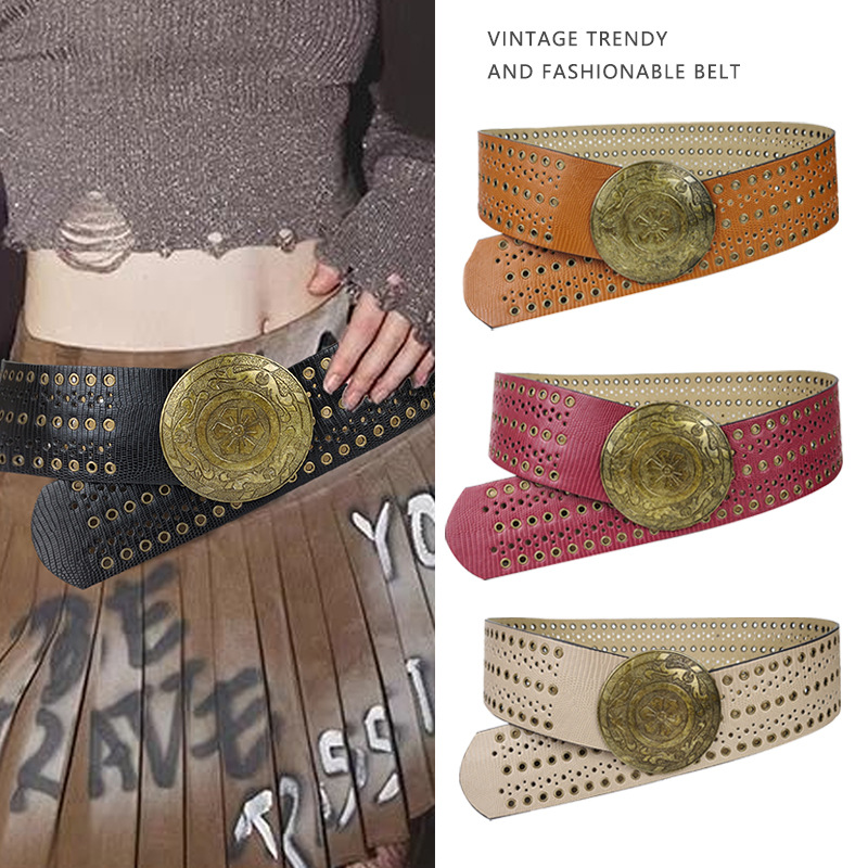 Trendy Y2K Retro Exotic Disc Belt Air Eye Matching Skirt Pants Women's Clothing All-match Wide Belt