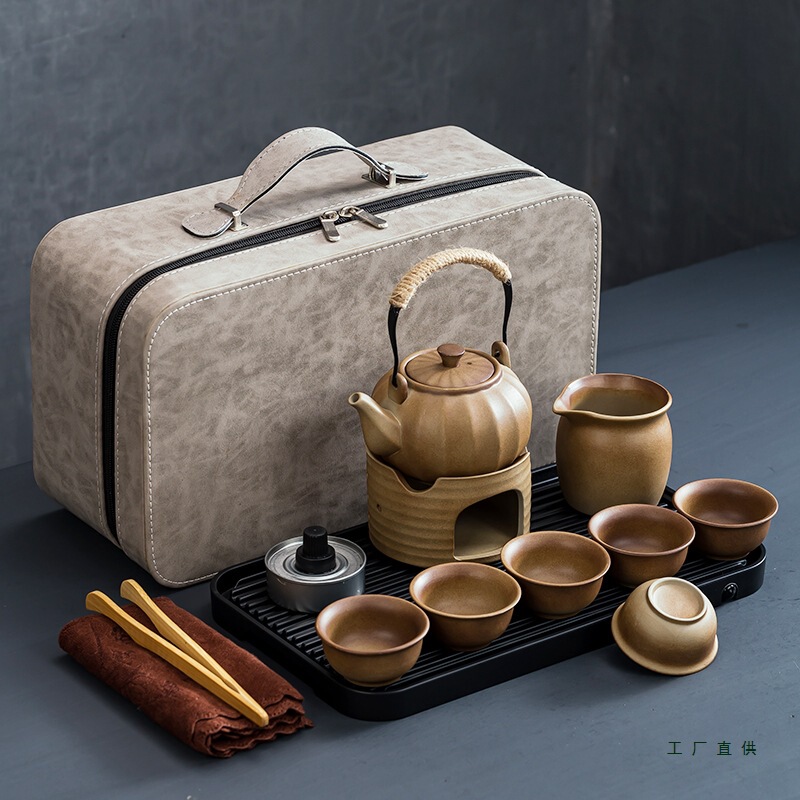 Rough Pottery Kung Fu Travel Tea Set Outdoor Camping Style Tea Making Portable with Boiling Water Business Gift Customized Log