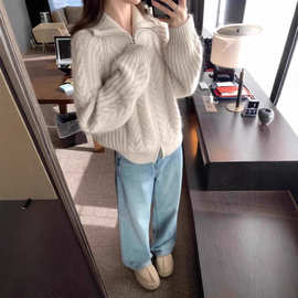 翻领羊绒毛衣开衫女短款秋冬宽松休闲气质拉链保暖羊毛针织外套