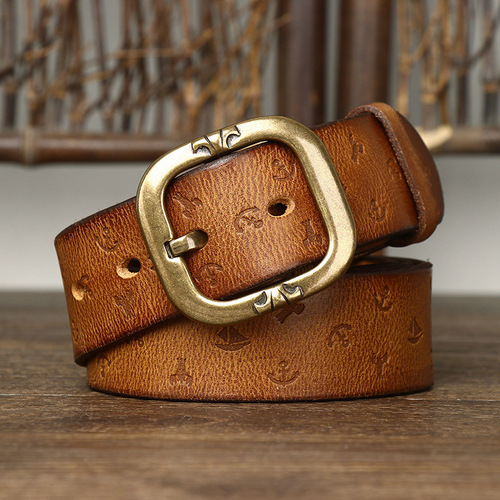 3.8CM wide new style Korean version personalized machine embossed vegetable tanned belt men's genuine leather pure cowhide pin buckle belt men's style