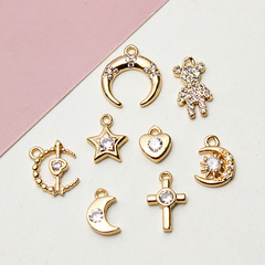 diy飾品配件 銅鍍金鑲鋯石星星桃心月亮小吊墜掛件耳環項鍊材料