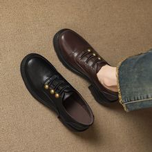 学院风英伦复古羊皮乐福鞋里外全皮粗跟小皮鞋棕色深口高跟单鞋女