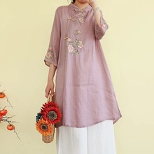 复古新中式棉麻衬衫春夏季中长款刺绣民族风上衣女装宽松文艺茶服