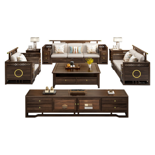 Wujin wood new Chinese style all solid wood fabric sofa modern light luxury living room small apartment simple dual-purpose storage furniture