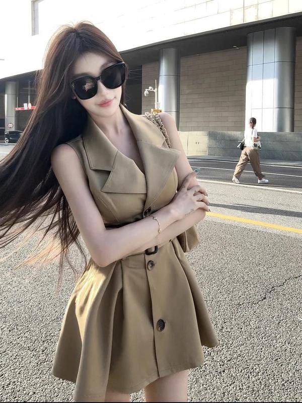 韩版轻奢风洋气收腰百搭西装领无袖连衣裙女2025夏季新款时尚裙子|undefined