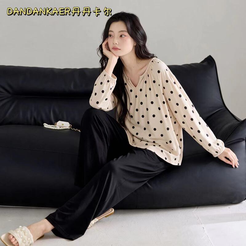 Women's comfortable cotton pajamas for autumn, long-sleeved, polka dot, fashionable, sweet, straight-leg pants, loose fit, can be worn as loungewear Women's comfortable cotton pajamas for autumn, long-sleeved, polka dot, fashionable, sweet, straight-leg pants, loose fit, can be worn as loungewear