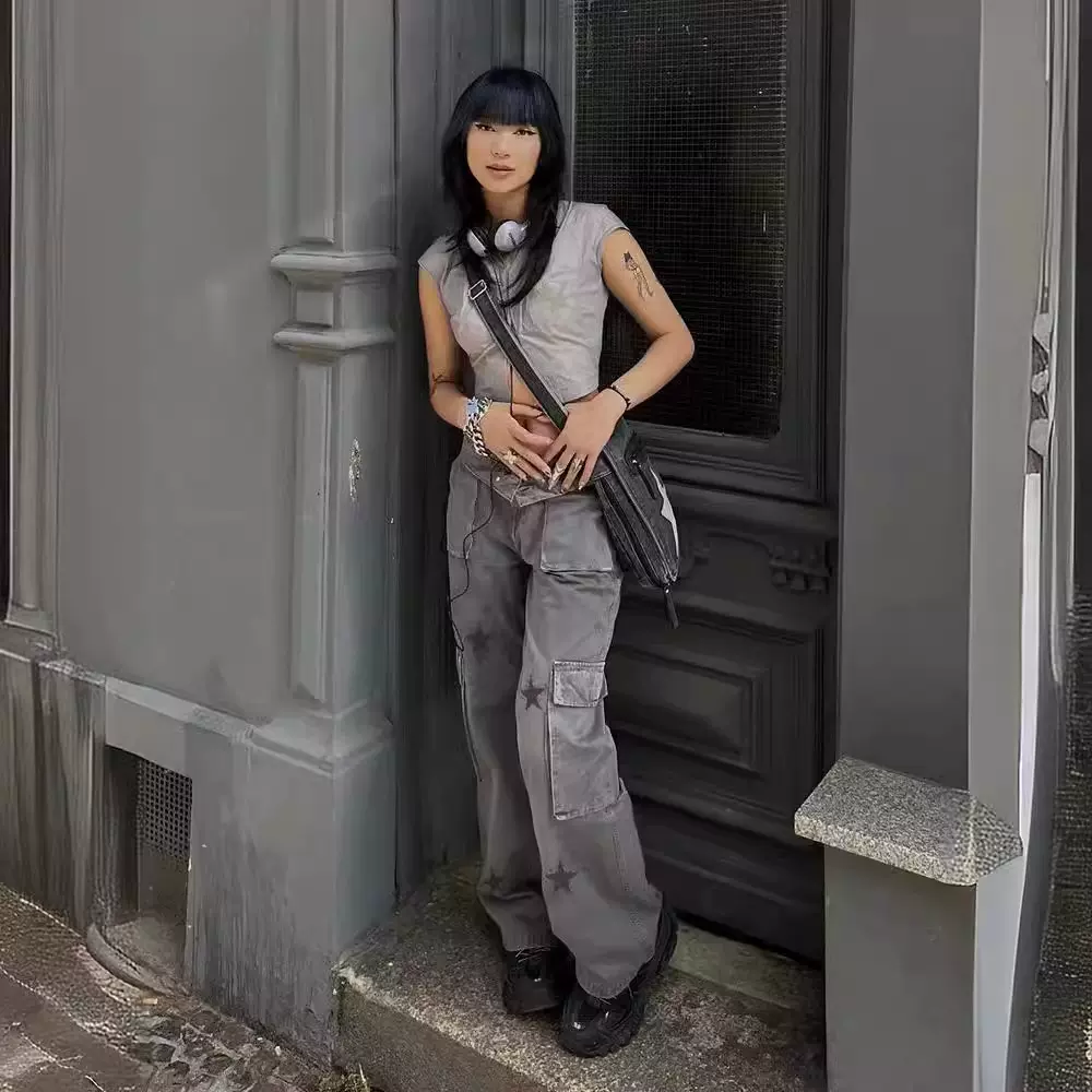 美式复古风星星大口袋工装裤2023欧美新款低腰显瘦辣妹牛仔裤女