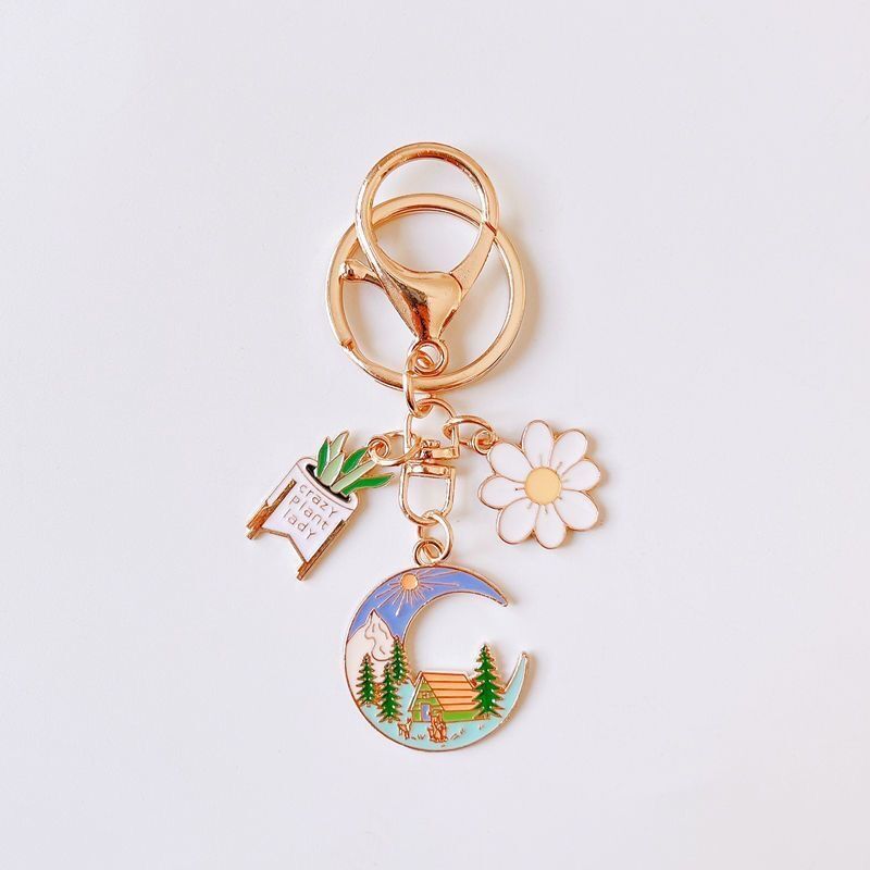 Moon, Flower Pattern Women's Gender Pastoral Style Pastoral Moon Flower Alloy Women's Bag Pendant Keychain