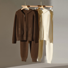 【100%澳毛】时尚休闲运动套装女春秋新款连帽卫衣外套针织两件套