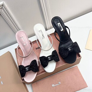 High-end miu one-strap sandals women's rhinestone bow stiletto heel slippers women's round toe fairy style high heel slippers